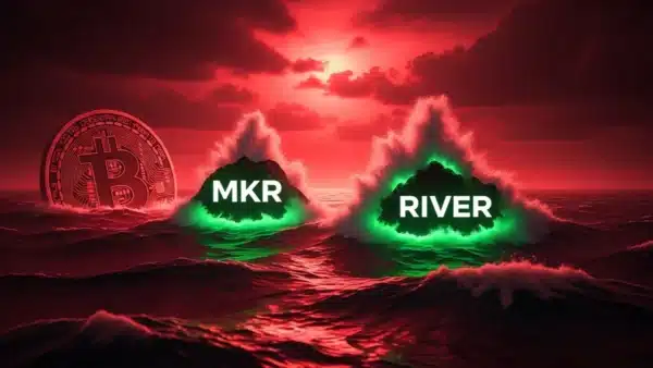 Graphique illustrant la baisse générale du marché crypto avec les exceptions haussières des altcoins MKR et RIVER.