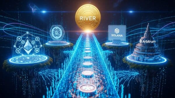 Illustration symbolique du protocole River unifiant les blockchains via l'abstraction de chaîne dans l'écosystème Altcoins 2026.