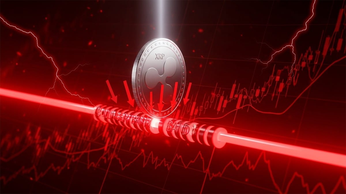 Graphique illustrant le rejet du prix du XRP par les bandes de Bollinger et le risque de chute sous les 2 dollars.