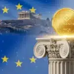 Illustration de la demande de licence MiCA par Binance en Grèce, symbolisée par une pièce Binance sur une colonne antique.