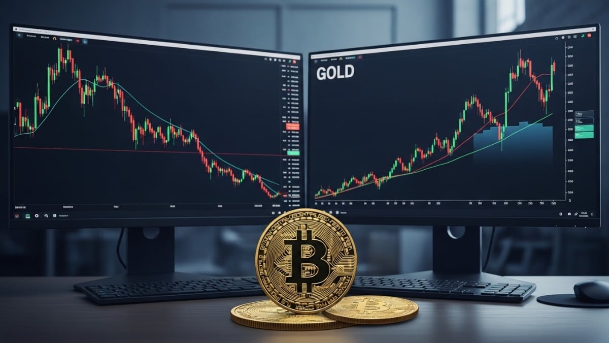 Photo réaliste montrant un graphique du Bitcoin en baisse et un graphique de l’or en hausse, symbolisant leur divergence de performance.