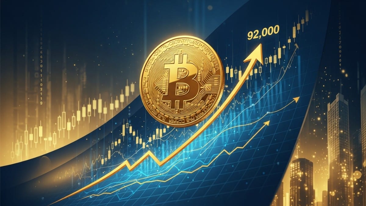 Illustration montrant Bitcoin franchissant 92 000 dollars alors que les marchés anticipent un changement à la tête de la Fed.