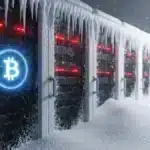 Illustration d'une ferme de minage Bitcoin mise à l'arrêt par une tempête de neige aux États-Unis.