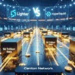 Illustration symbolisant les 6000 milliards de dollars d'actifs gérés par Canton Network et la compétition entre les cryptomonnaies Lighter et Hyperliquid.