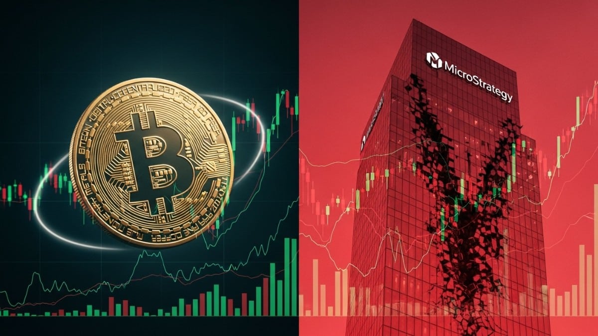 Illustration symbolisant l'effondrement du cours de l'action MicroStrategy (-62%) contrastant avec la stabilité du prix du Bitcoin en ce début 2026.