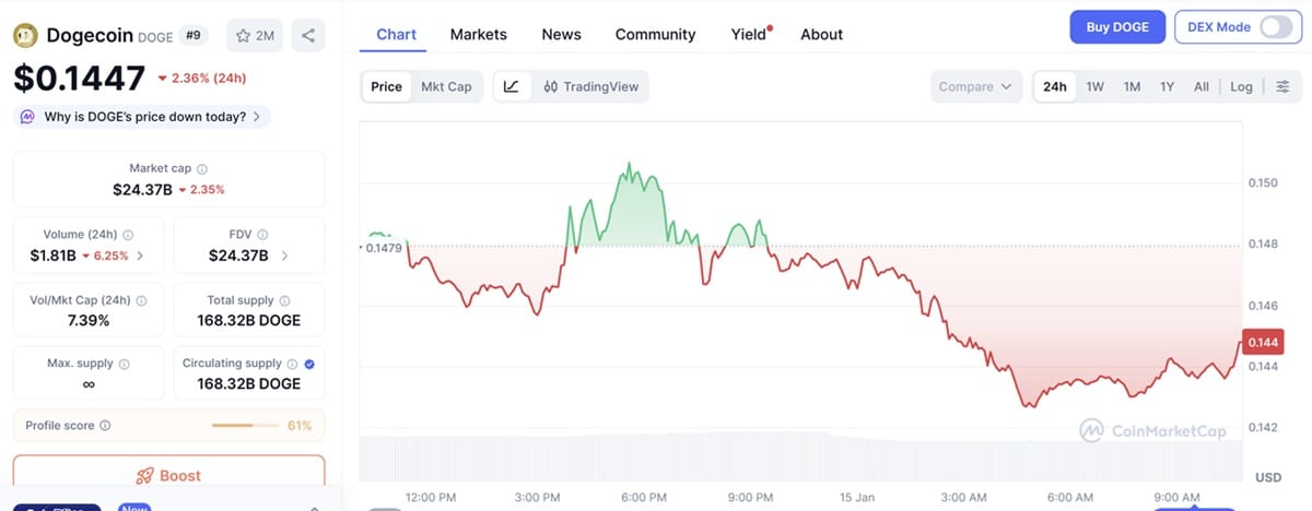 Graphique montrant le cours Dogecoin aujourd'hui selon coinmarketcap