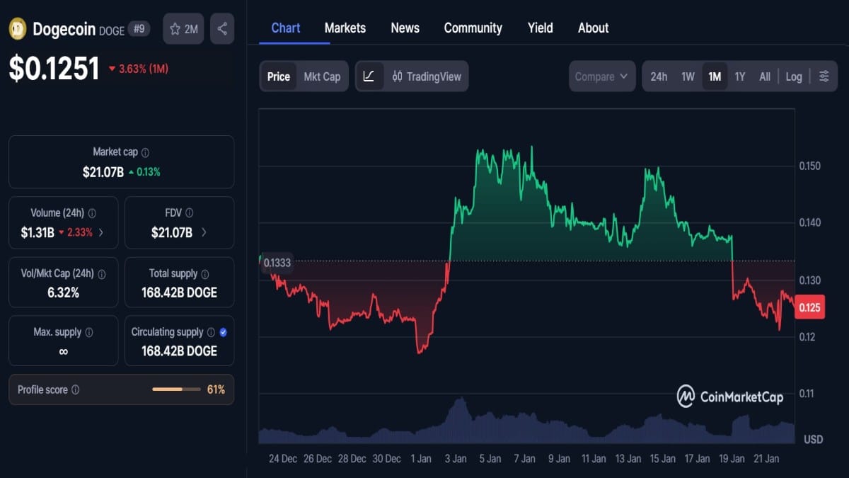 Graphique montrant le Cours Dogecoin aujourd'hui selon coinmarketcap