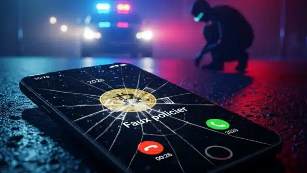 Illustration des menaces pesant sur les détenteurs de crypto : piratage de données et interventions de faux policiers.