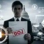 Illustration du scandale politique au DOJ concernant des conflits d'intérêts liés à la cryptomonnaie.