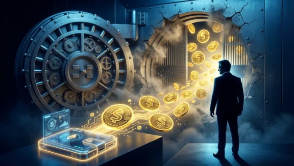 Illustration symbolisant la fuite potentielle de 6 000 milliards de dollars de dépôts bancaires vers les stablecoins crypto.