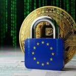 Illustration représentant la directive DAC8 en Europe, avec une carte numérique et un cadenas symbolisant la collecte et l’échange de données fiscales crypto.