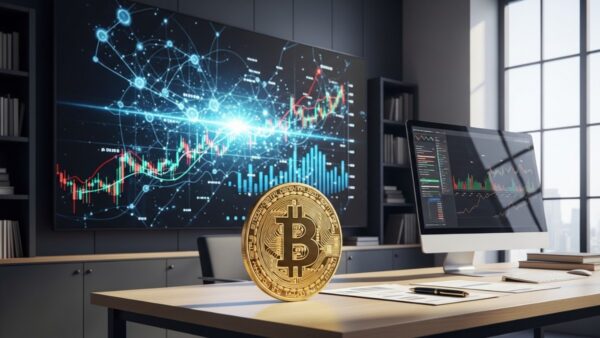 Pièce de Bitcoin posée sur un bureau moderne avec des graphiques financiers flous en arrière‑plan