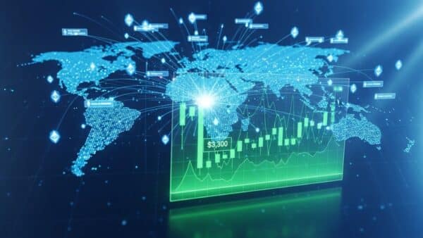 Graphique montrant l'activité record sur le réseau Ethereum et la hausse du prix ETH au-dessus de 3 300 dollars.