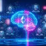 Illustration d'une intelligence artificielle fusionnant avec le logo Ethereum, symbolisant le standard ERC-8004.