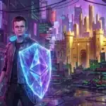 Illustration de Vitalik Buterin transformant les fonds du hack DAO en bouclier de sécurité pour Ethereum.