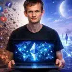 Illustration de Vitalik Buterin activant le God Mode sur Ethereum et migrant vers les réseaux sociaux décentralisés.