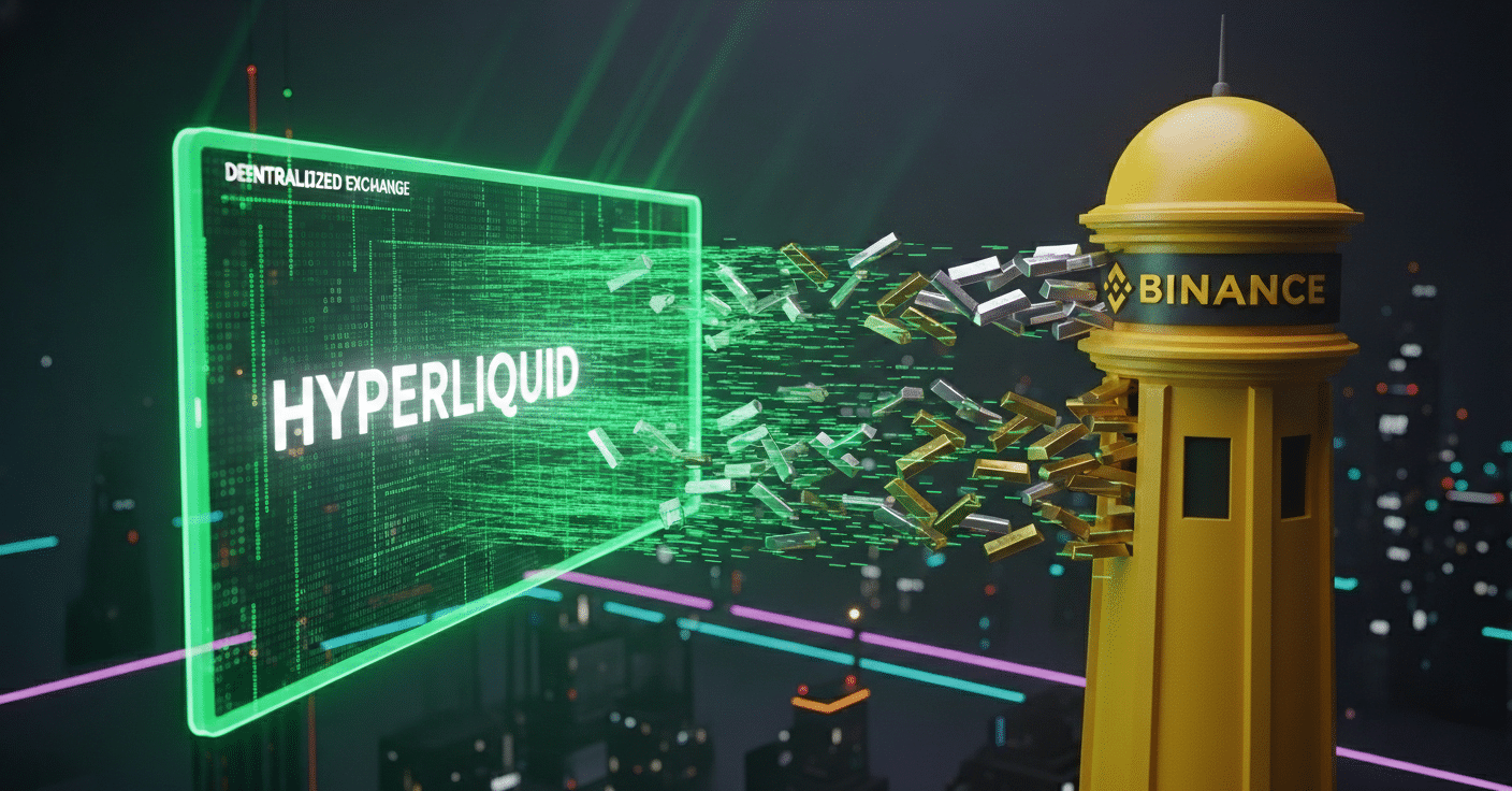 Illustration de la montée en puissance d'Hyperliquid face à Binance grâce à l'explosion du trading de matières premières.