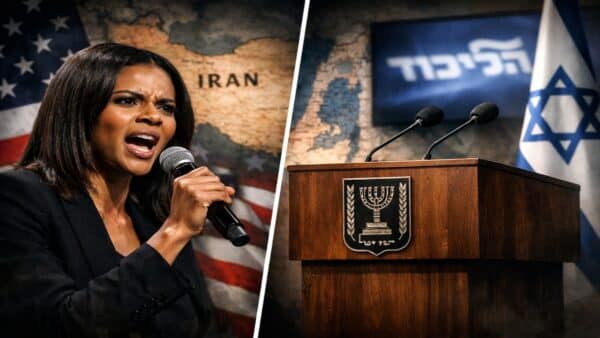 Montage illustrant le conflit verbal entre Candace Owens et le parti Likoud sur fond de tensions Iran-Israël.
