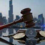 Illustration symbolisant la sévérité de la justice de Dubaï contre les arnaques à la cryptomonnaie avec un marteau de juge et des jetons numériques.