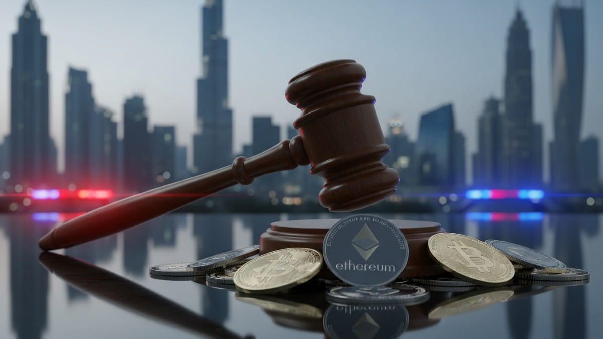 Illustration symbolisant la sévérité de la justice de Dubaï contre les arnaques à la cryptomonnaie avec un marteau de juge et des jetons numériques.