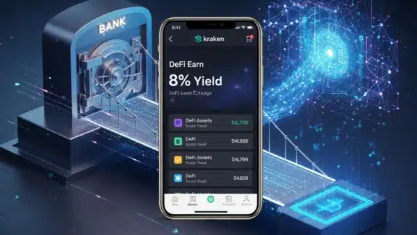 Illustration de l'application Kraken proposant le service DeFi Earn, reliant la finance traditionnelle aux protocoles décentralisés.