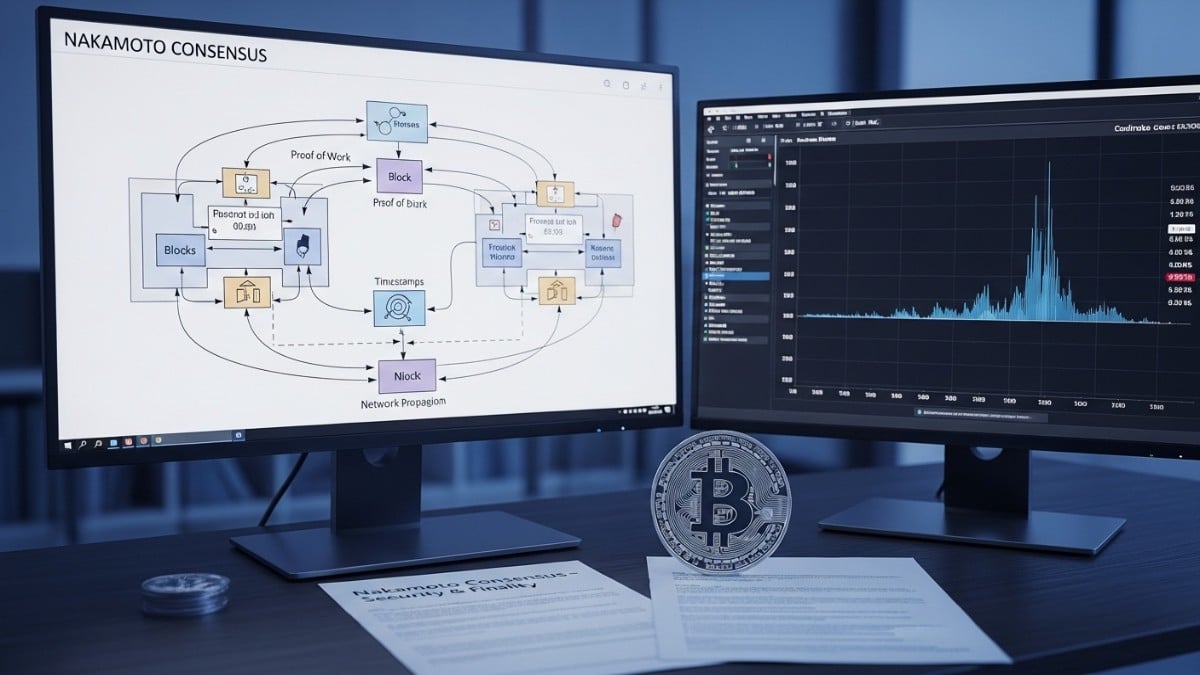Photo réaliste montrant un schéma du consensus de Nakamoto et des statistiques de validation de blocs Bitcoin.