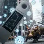 Illustration d'une cle Ledger geante devant le taureau de Wall Street, symbolisant l'introduction en bourse de l'entreprise.