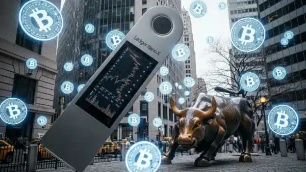 Illustration d'une cle Ledger geante devant le taureau de Wall Street, symbolisant l'introduction en bourse de l'entreprise.