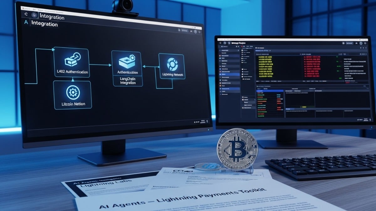 Photo réaliste montrant un schéma d’intégration IA–Lightning Network et des outils de paiement Bitcoin pour développeurs.