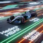 Illustration d'une Formule 1 McLaren sur un circuit numérique aux couleurs de Hedera, symbolisant le partenariat Web3.