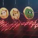 Graphique illustrant la chute technique des memecoins Dogecoin, Shiba Inu et Pepe.