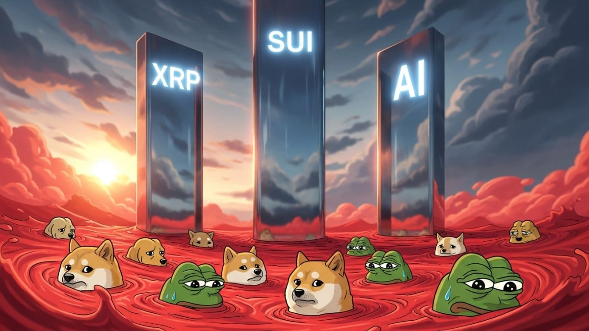 Memecoins : la dégringolade choc commence, XRP, SUI et l’IA seuls survivants