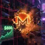 Illustration du Monero brisant les barrières de la surveillance pour atteindre un record historique de 800 dollars.