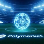 Illustration du partenariat technologique entre Polymarket et la Major League Soccer sur un terrain de football numérique.