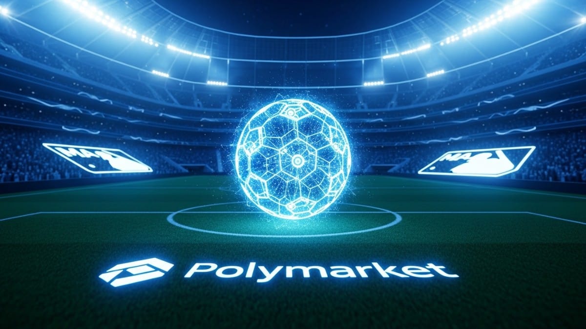 Illustration du partenariat technologique entre Polymarket et la Major League Soccer sur un terrain de football numérique.