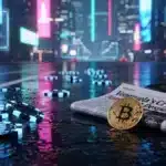 Illustration symbolique des paris crypto sur des conflits réels, montrant des jetons numériques dans une rue sombre.