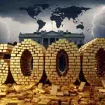 Illustration de la flambée historique du prix de l'or à 5000 dollars sur fond de tensions géopolitiques.