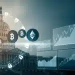 Illustration du Capitole américain avec des chaînes numériques symbolisant le blocage législatif du marché crypto.