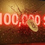 Illustration du Bitcoin qui bute sur la résistance des 100 000 dollars et chute.