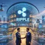 Illustration représentant Ripple construisant un écosystème financier complet, soutenu par SBI, avec XRP au centre de l’infrastructure.