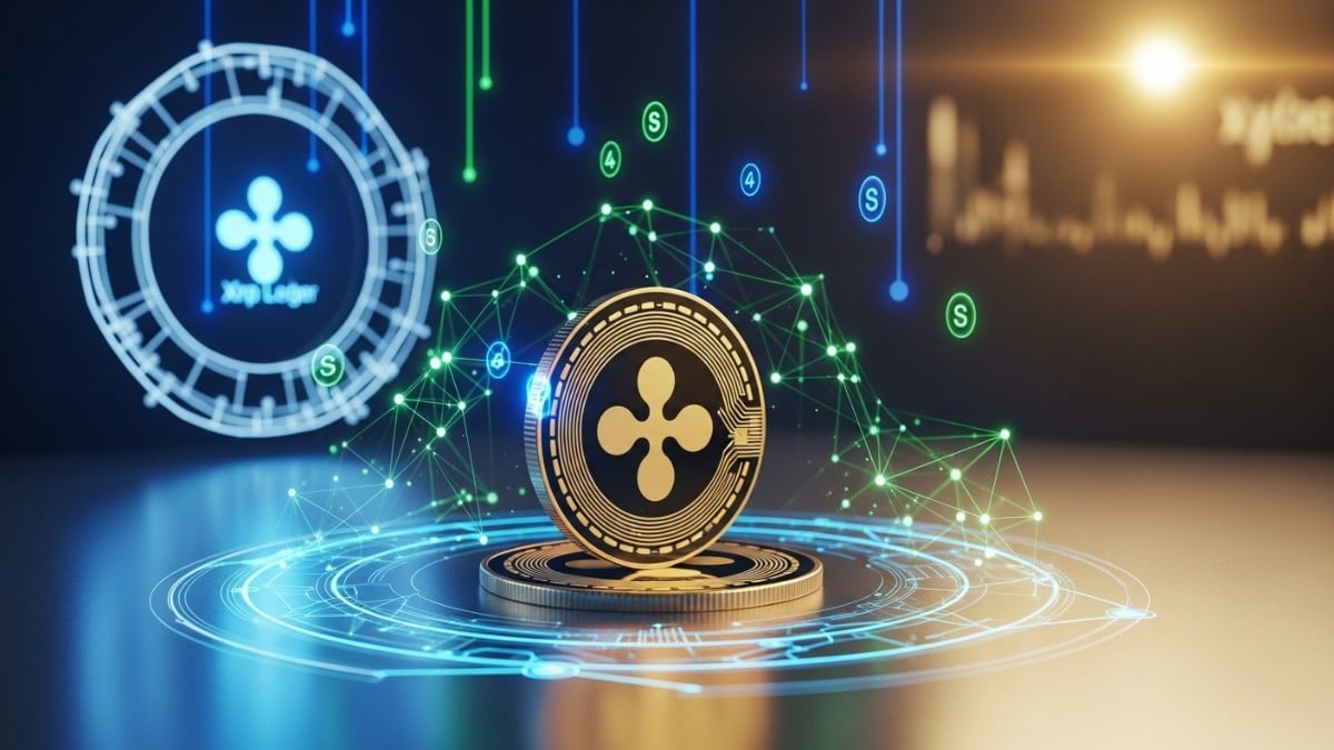 Jeton numérique stylisé entouré d’un réseau lumineux représentant la création de stablecoins sur une blockchain.