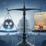 Illustration symbolisant le débat juridique entre Ripple et la SEC, avec une balance de la justice pesant les actifs numériques.