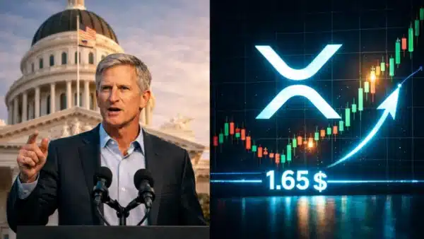 Graphique du XRP chutant à 1,63 dollars pendant que Chris Larsen mène une campagne politique.