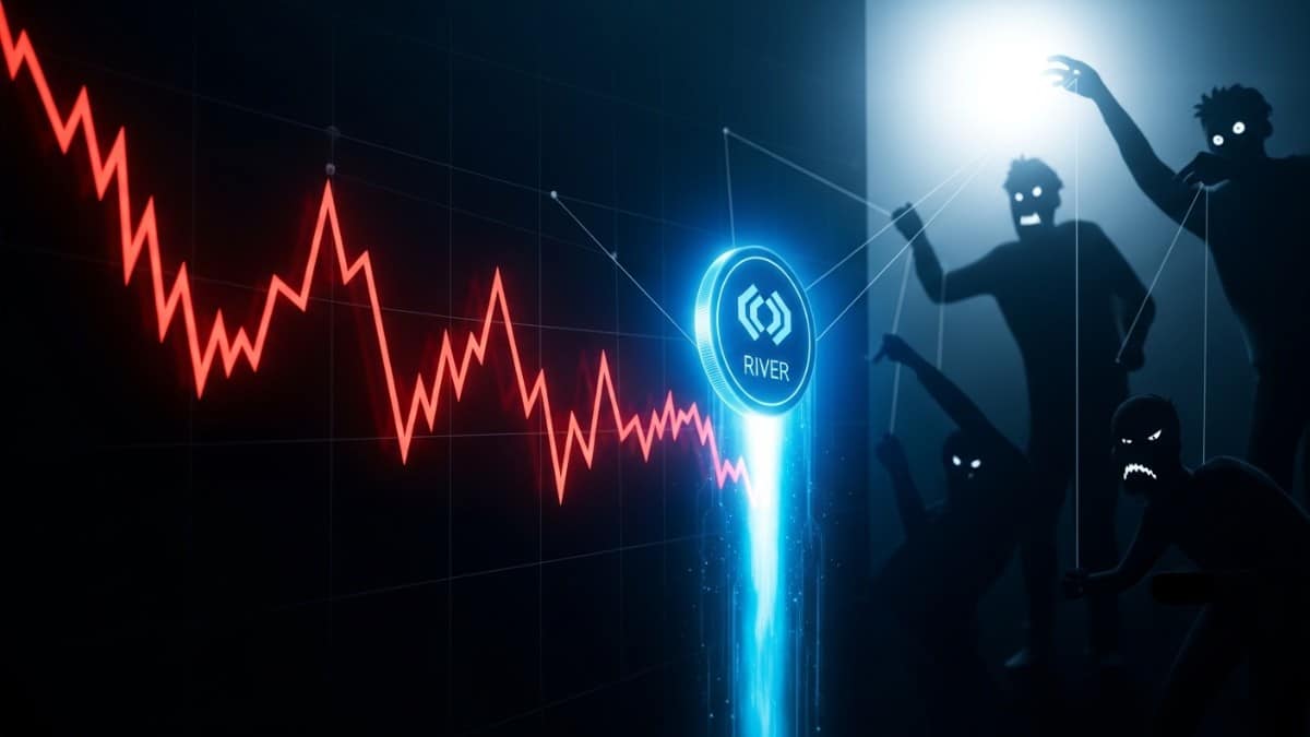 Graphique illustrant l'explosion du prix de l'altcoin River de 2000%, avec des signes de manipulation de marché en arrière-plan.