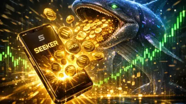 Illustration de l'airdrop du token SKR pour le smartphone Solana Seeker, montrant l'accumulation par les baleines.