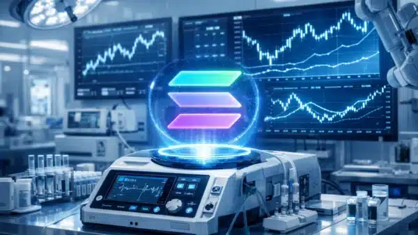 Illustration symbolisant la convergence entre la technologie médicale de Sharps et la trésorerie crypto Solana.
