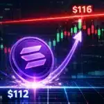 Graphique illustrant le rebond du prix de Solana à 115 dollars après avoir touché un support critique à 112 dollars.