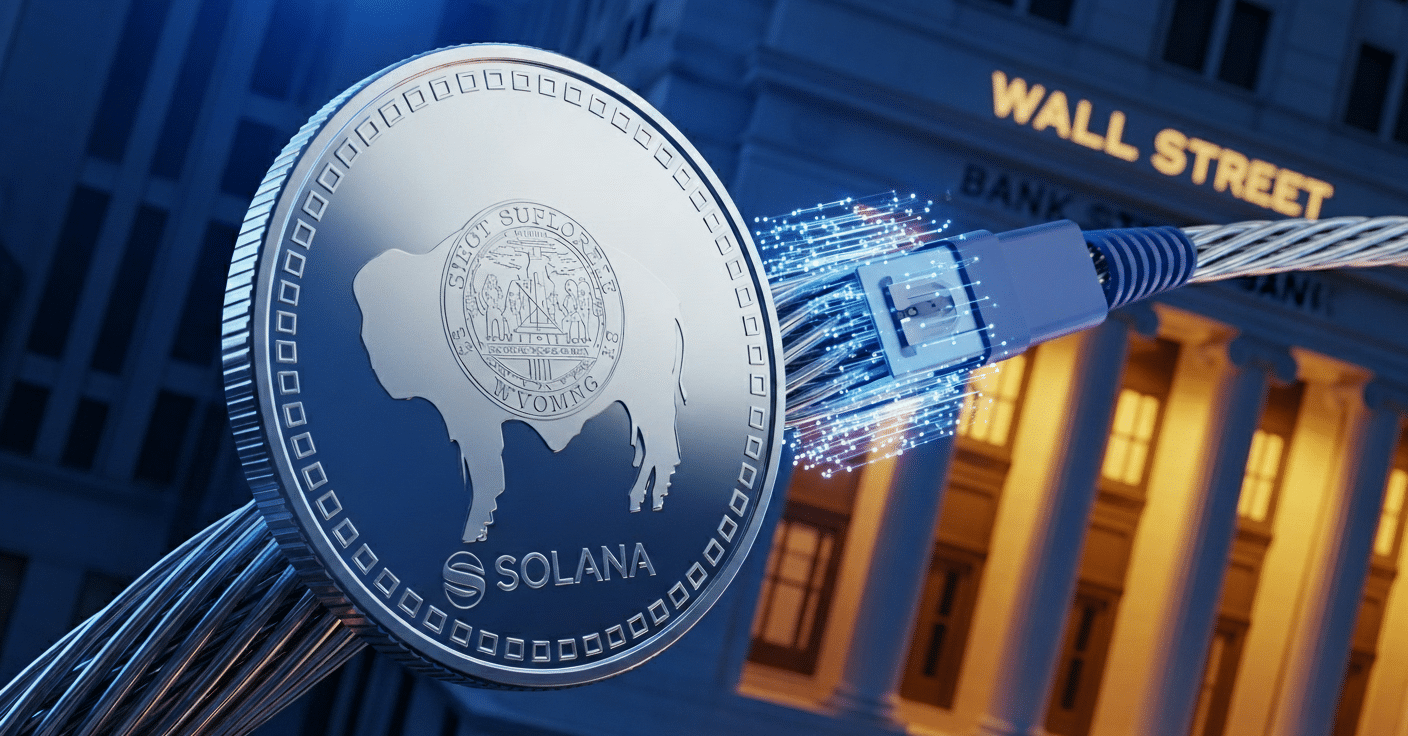 Illustration du stablecoin FRNT du Wyoming émis sur Solana, symbolisant l’adoption institutionnelle croissante par Wall Street.