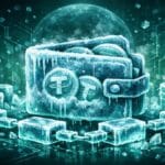 Illustration montrant Tether gelant 182 millions d’USDT sur cinq wallets Tron, symbolisant le pouvoir d’un stablecoin centralisé.