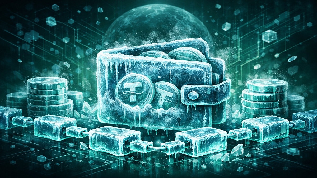 Illustration montrant Tether gelant 182 millions d’USDT sur cinq wallets Tron, symbolisant le pouvoir d’un stablecoin centralisé.
